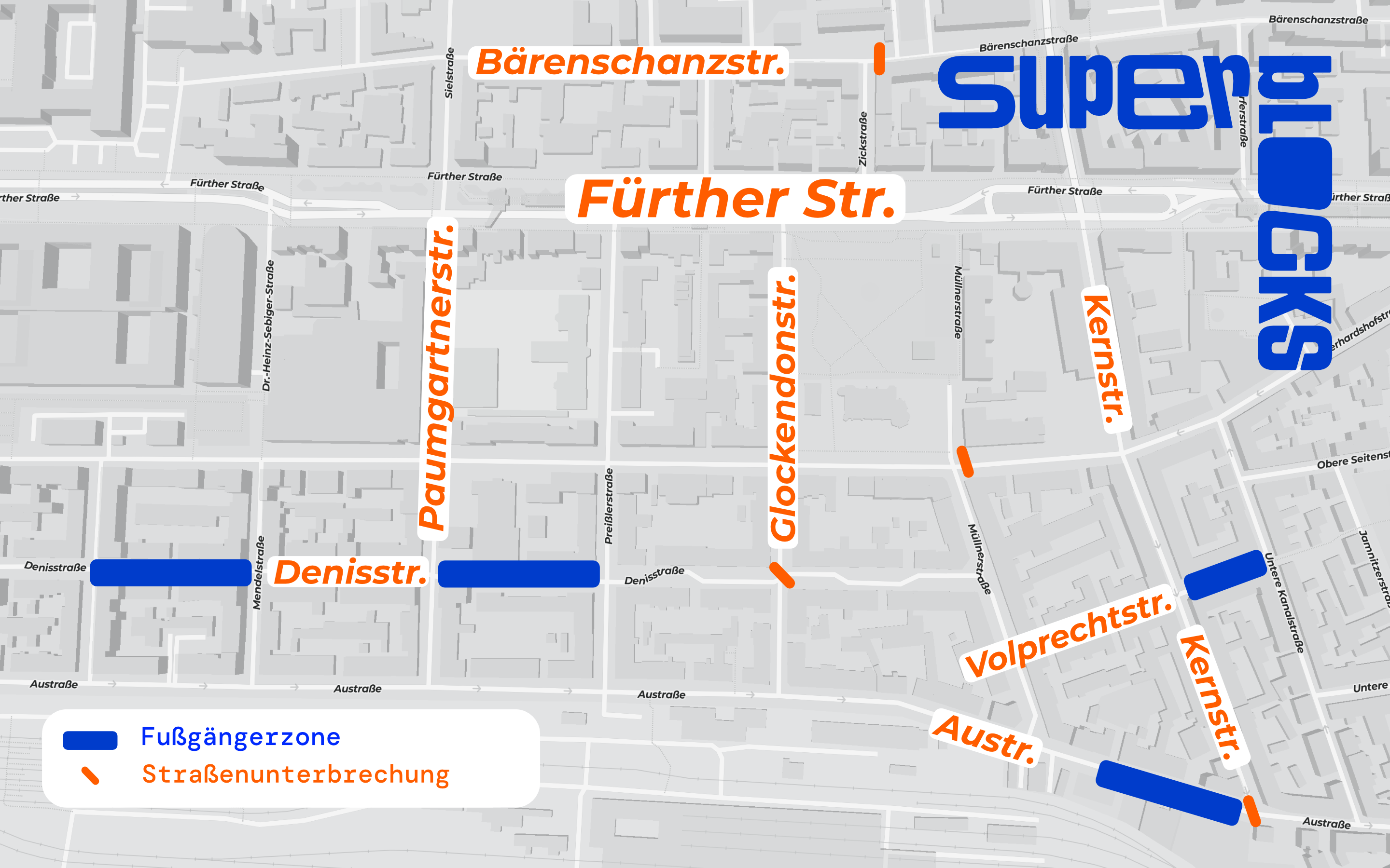 Schematische Darstellung des Superblocks mit Fußgängerzonen in der Denisstraße, Volprechtstraße und Austraße sowie Durchgangssperren in der Austraße Ecke Kernstraße, Glockendonstraße Ecke Denisstraße, Eberhardshofstraße Ecke Müllnerstraße und Bärenschanzerstraße neben Zickstraße