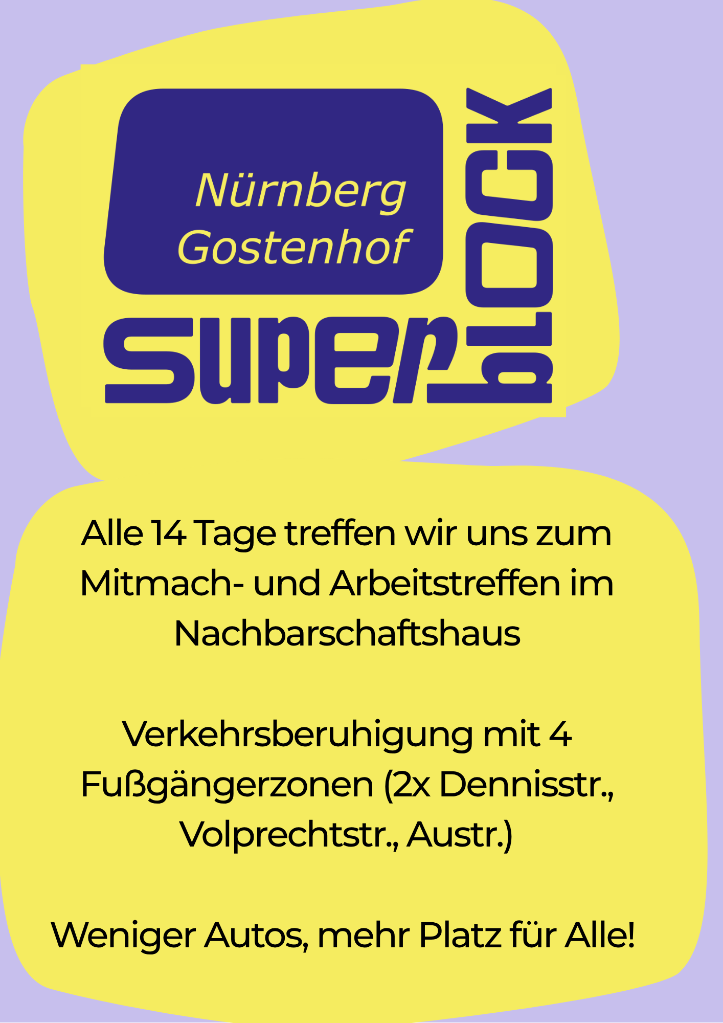 Einladung zum Superblock Mitmachtreffen. Das Bild zeigt das Logo des Superblock Gostenhof Nürnberg sowie eine Straße, die mit bunte Stände und Menschen belegt ist. Darunter steht: Gemeinsam machen wir Gostenhof noch lebenswerter! Komme zum Superblock Stammtisch oder teile uns deine Wünsche mit.